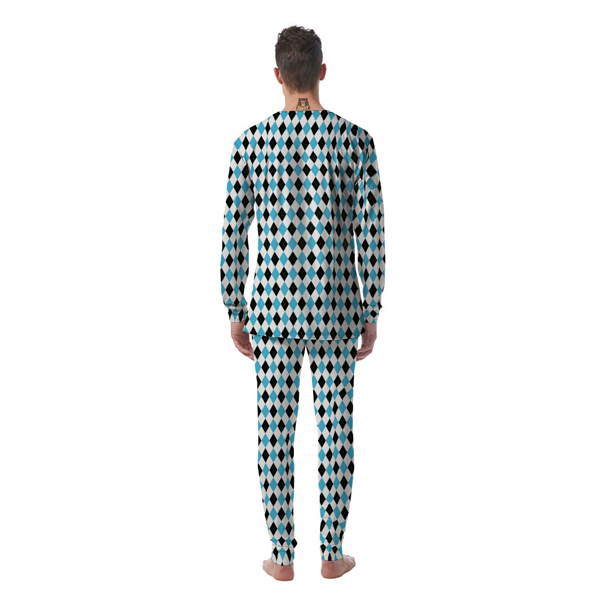 Yellow Black And Blue Argyle Print Men's Pajamas-grizzshop