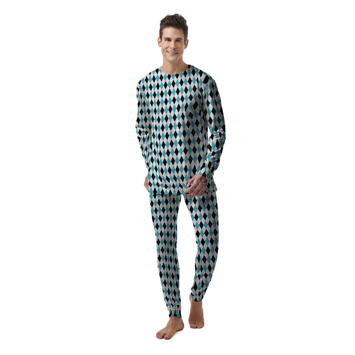 Yellow Black And Blue Argyle Print Men's Pajamas-grizzshop