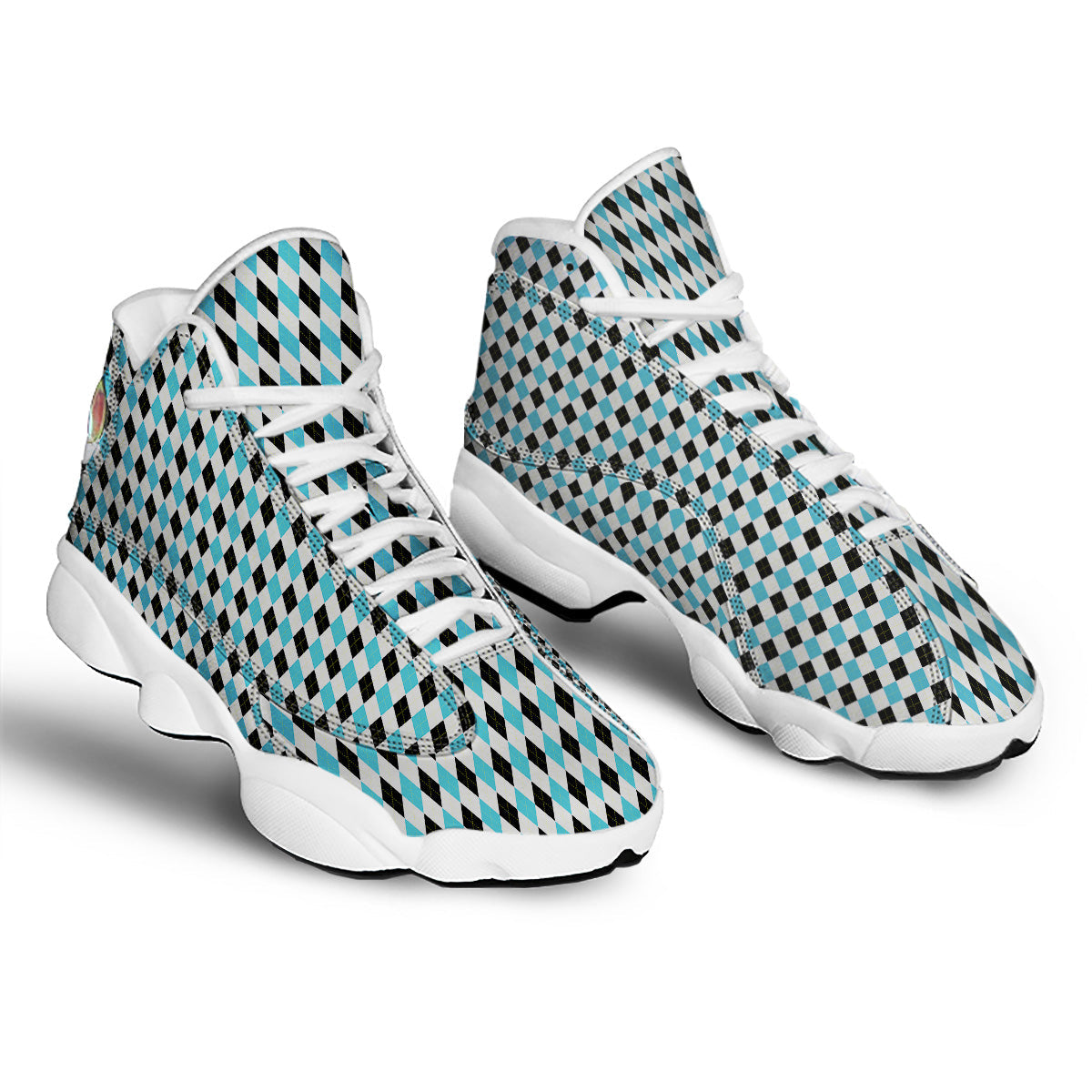 Yellow Black And Blue Argyle Print White Basketball Shoes-grizzshop