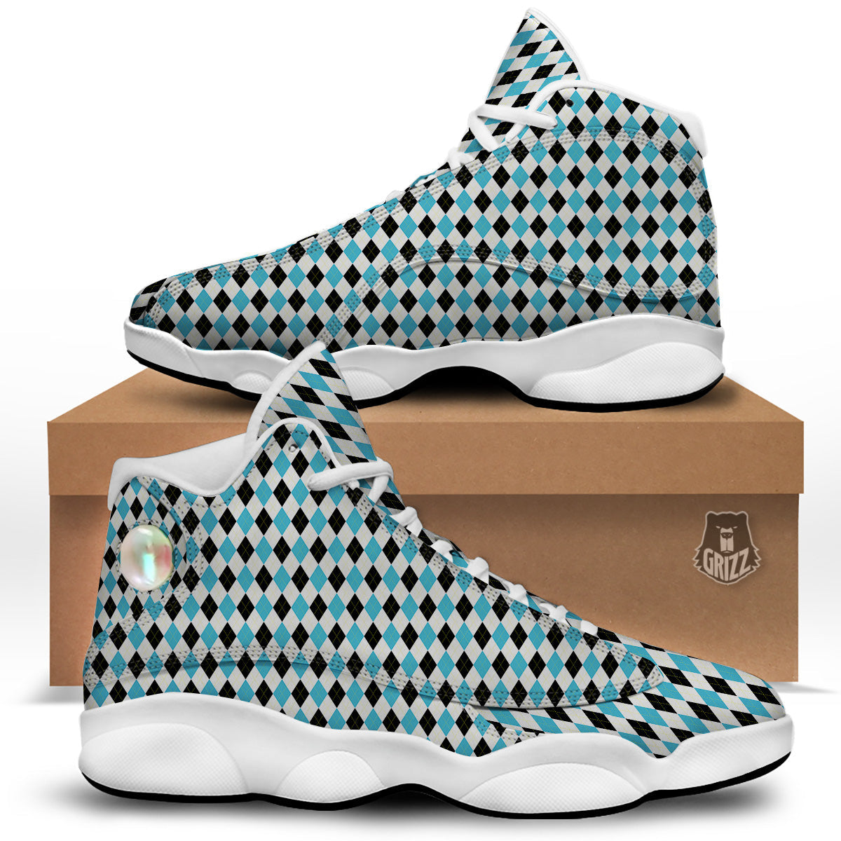 Yellow Black And Blue Argyle Print White Basketball Shoes-grizzshop