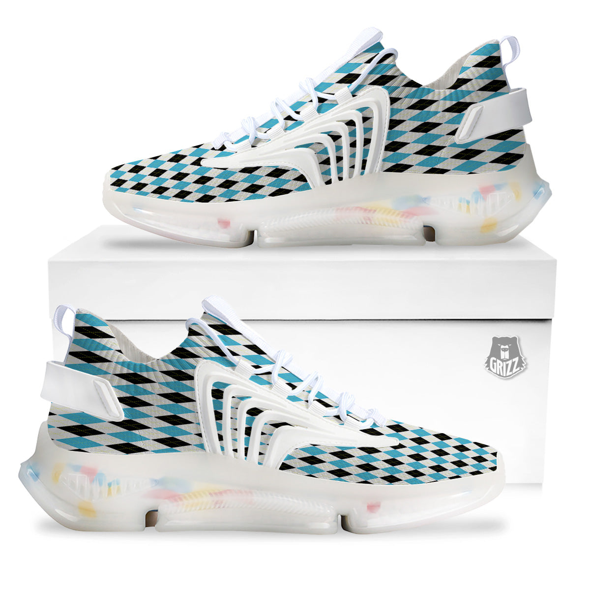 Yellow Black And Blue Argyle Print White Gym Shoes-grizzshop