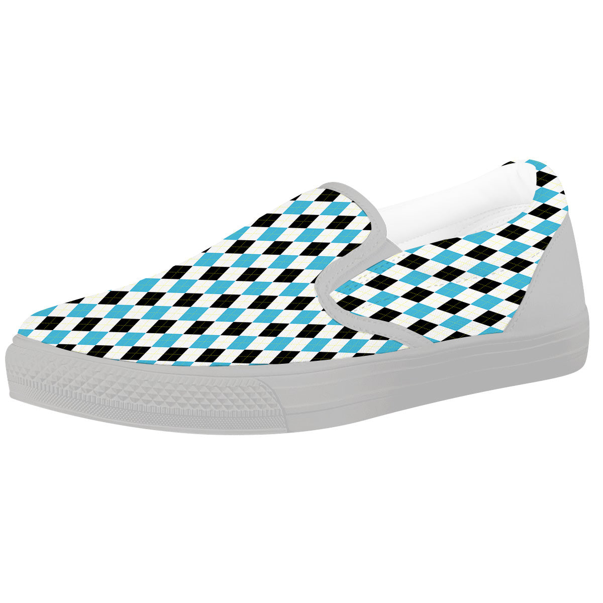Yellow Black And Blue Argyle Print White Slip On Shoes-grizzshop