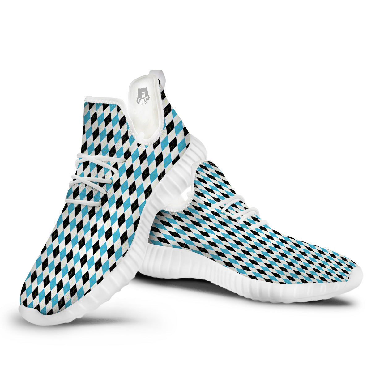 Yellow Black And Blue Argyle Print White Walking Shoes-grizzshop