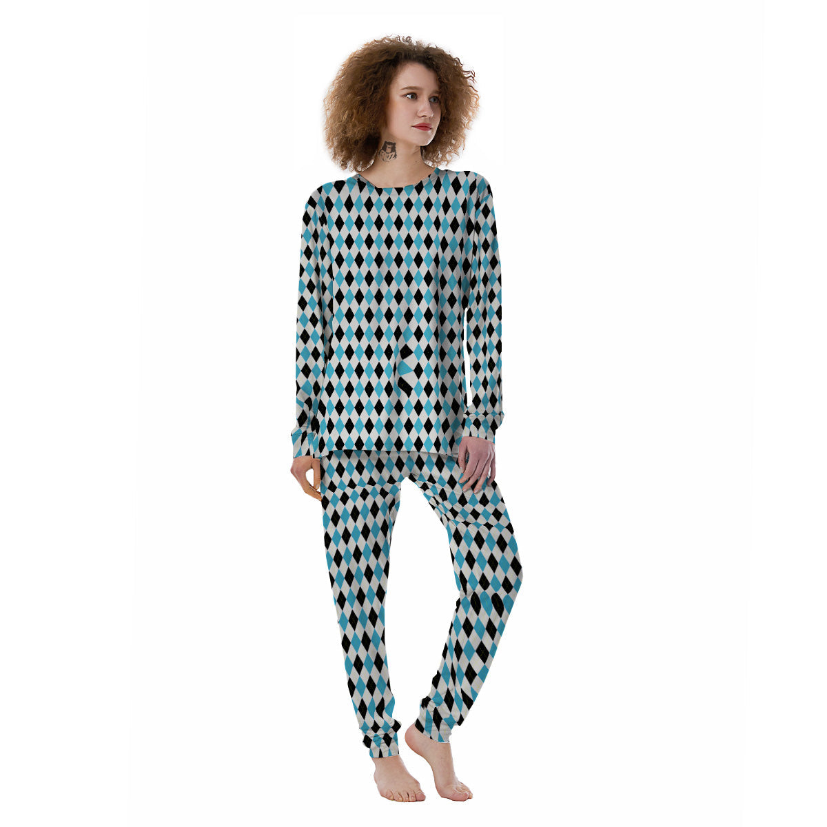 Yellow Black And Blue Argyle Print Women's Pajamas-grizzshop