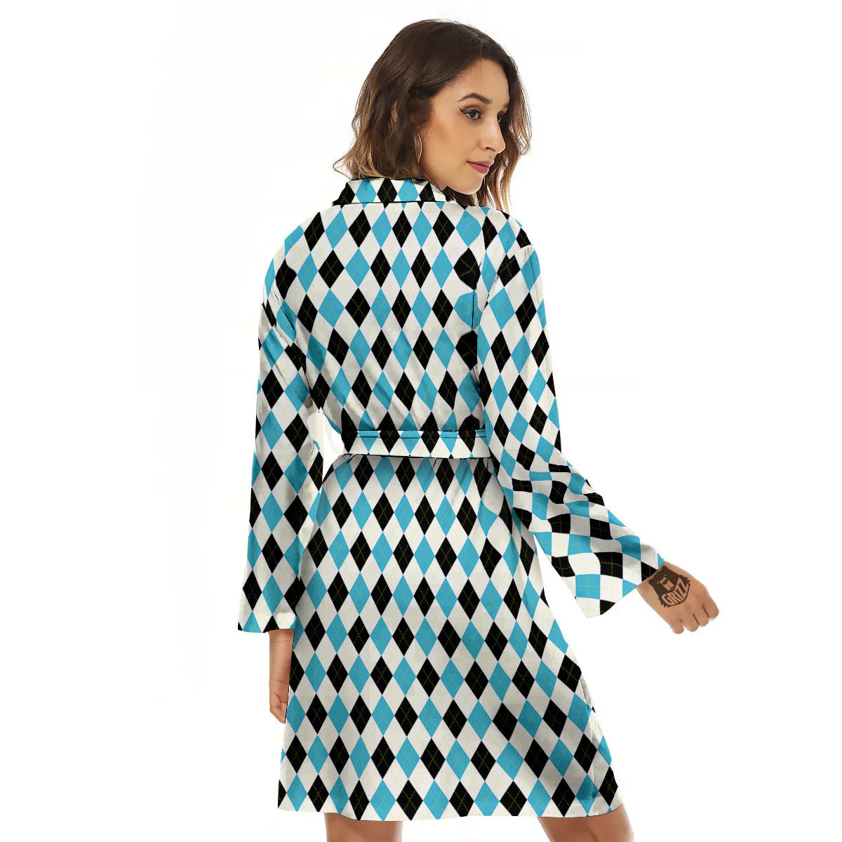 Yellow Black And Blue Argyle Print Women's Robe-grizzshop