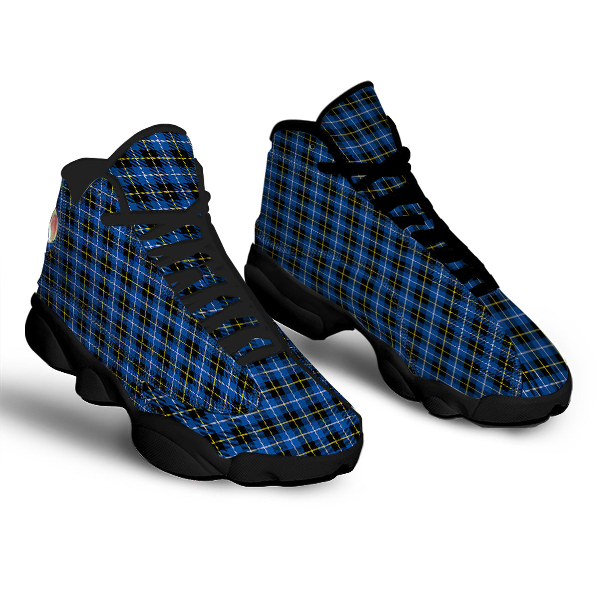 Yellow Blue And Black Tartan Print Black Basketball Shoes-grizzshop
