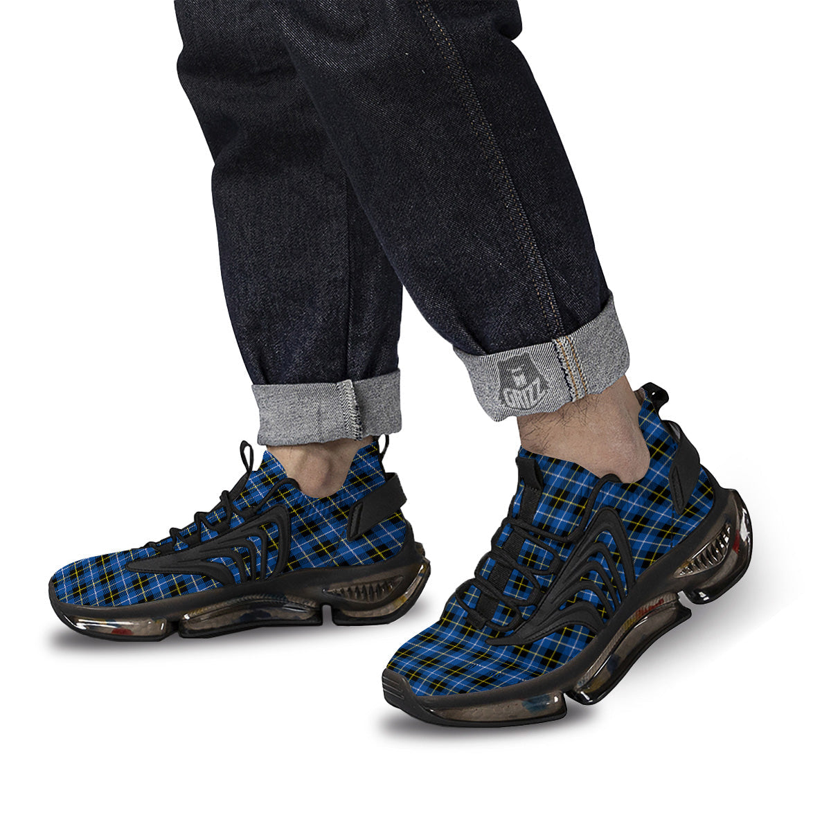 Yellow Blue And Black Tartan Print Black Gym Shoes-grizzshop