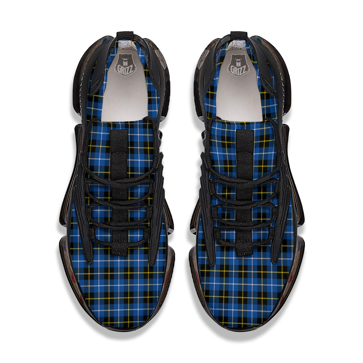 Yellow Blue And Black Tartan Print Black Gym Shoes-grizzshop