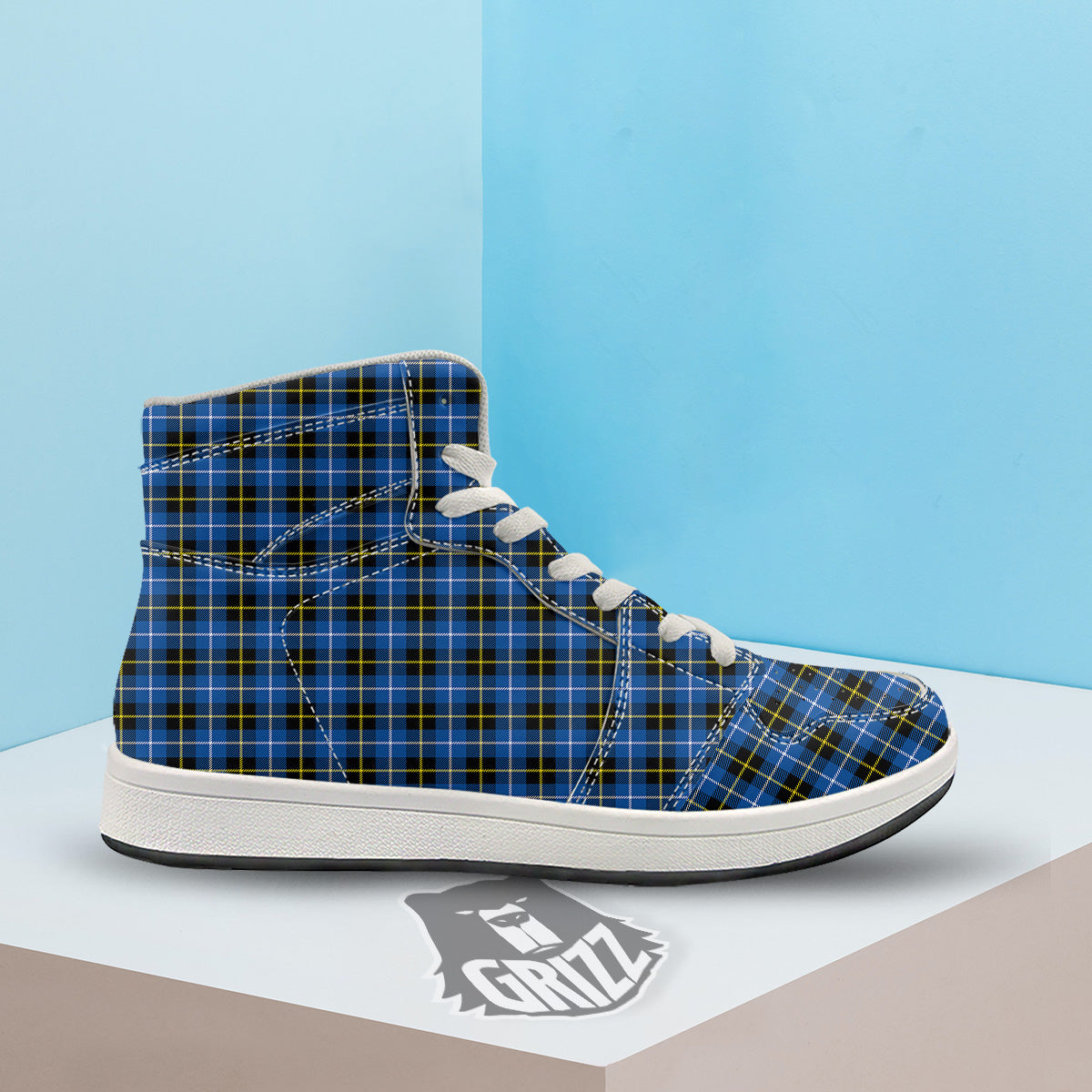 Yellow Blue And Black Tartan Print High Top Sneakers-grizzshop
