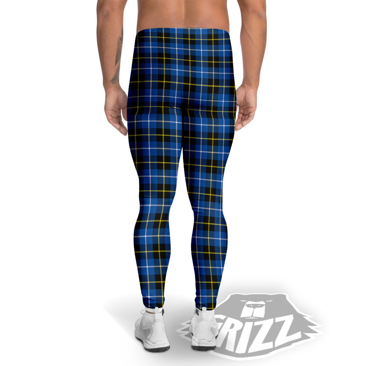 Yellow Blue And Black Tartan Print Men's Leggings-grizzshop