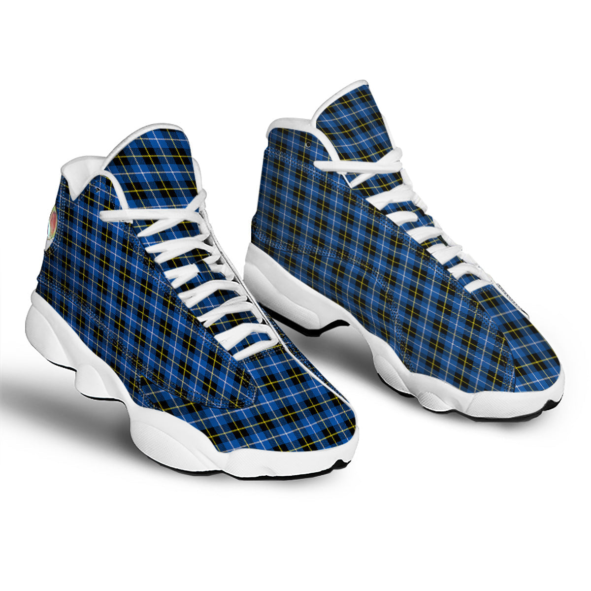 Yellow Blue And Black Tartan Print White Basketball Shoes-grizzshop