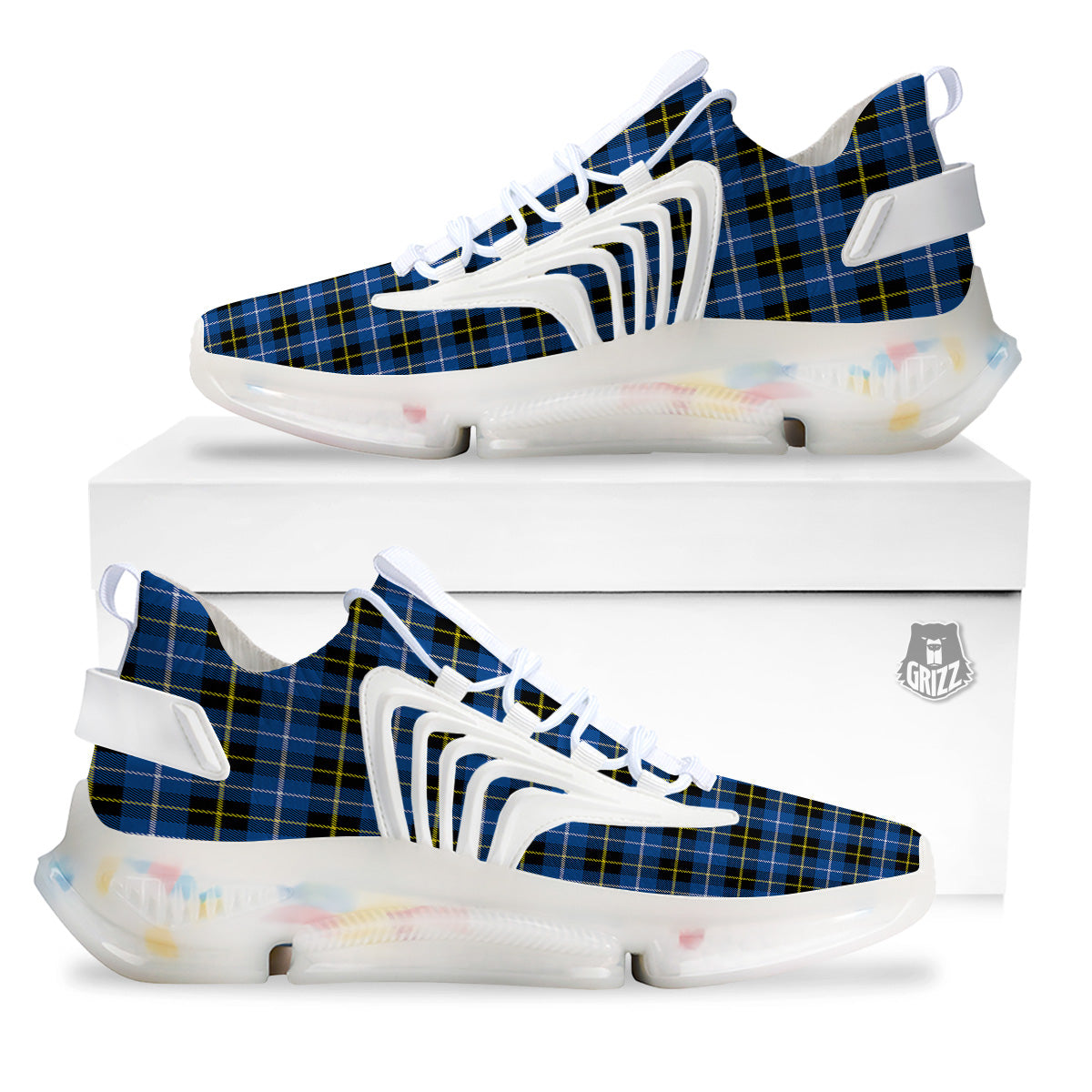 Yellow Blue And Black Tartan Print White Gym Shoes-grizzshop