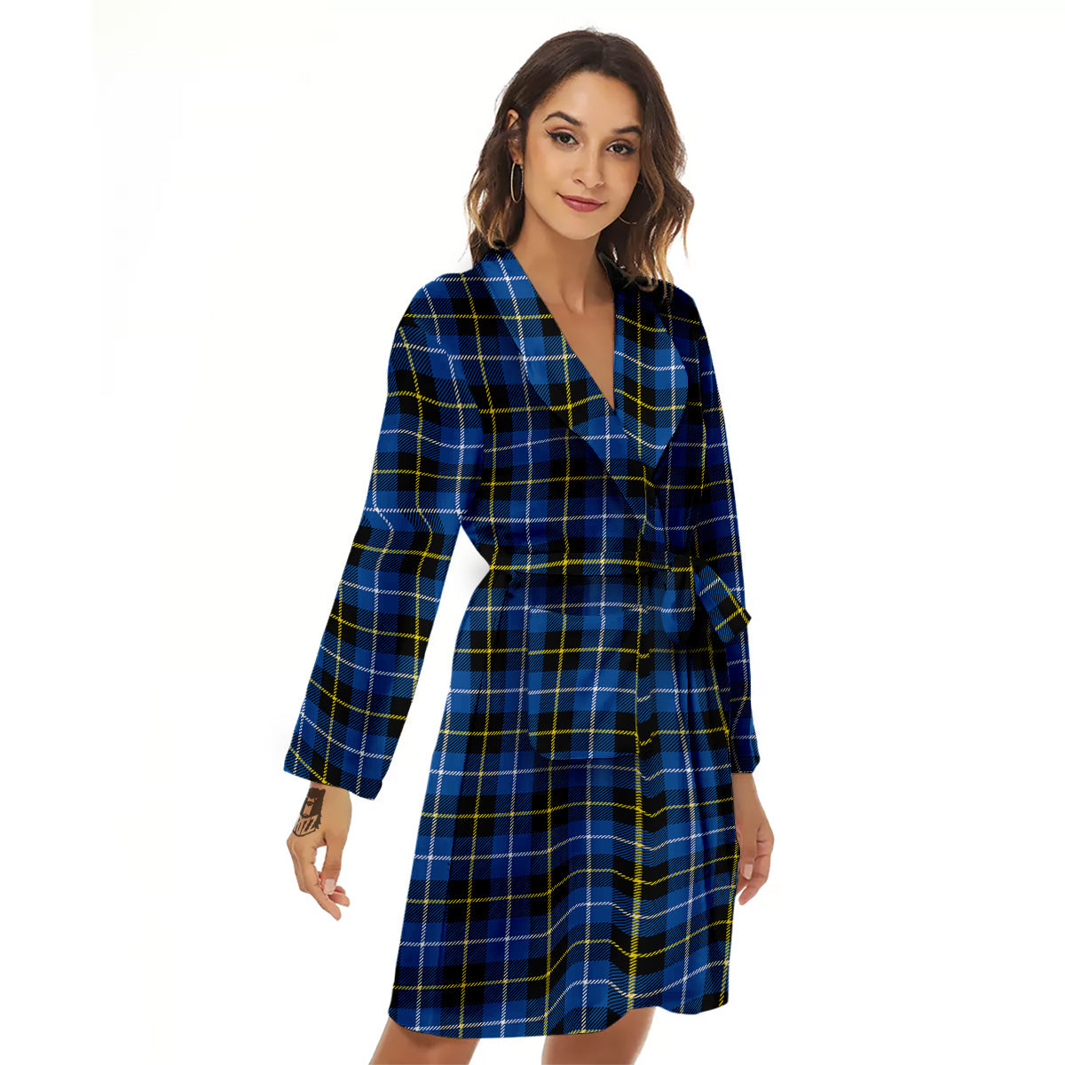 Yellow Blue And Black Tartan Print Women's Robe-grizzshop