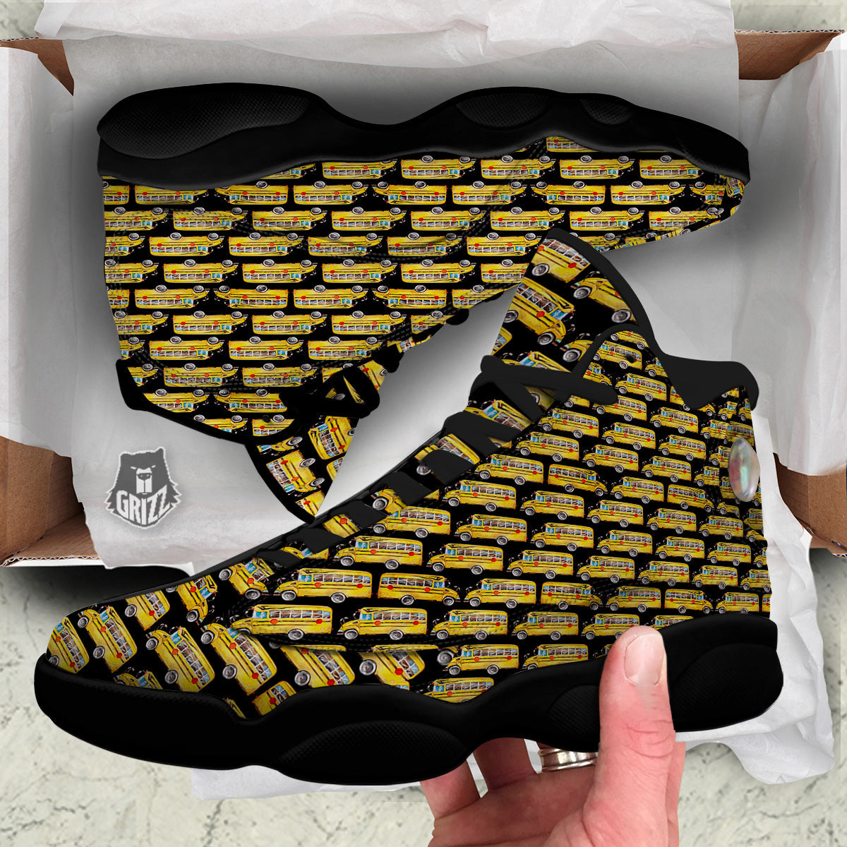 Yellow Bus Print Pattern Black Basketball Shoes-grizzshop
