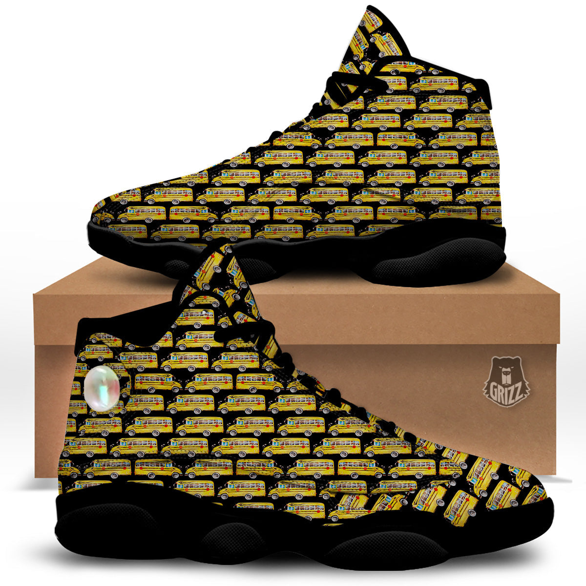 Yellow Bus Print Pattern Black Basketball Shoes-grizzshop