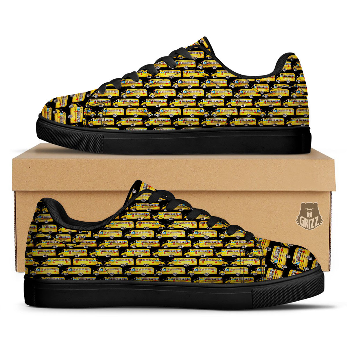 Yellow Bus Print Pattern Black Low Top Sneakers-grizzshop