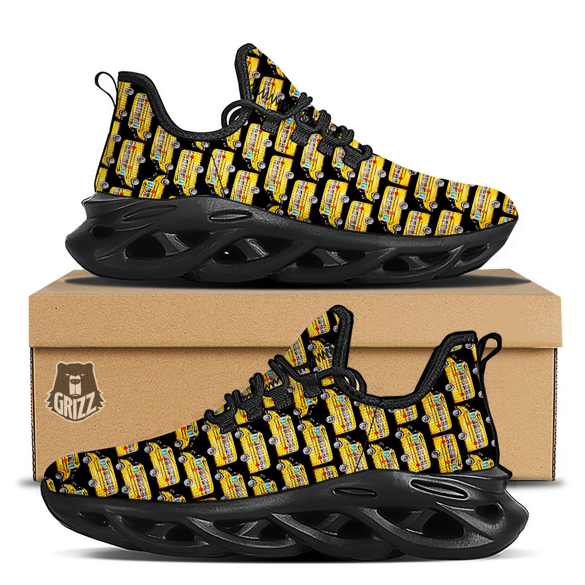 Yellow Bus Print Pattern Black Running Shoes-grizzshop