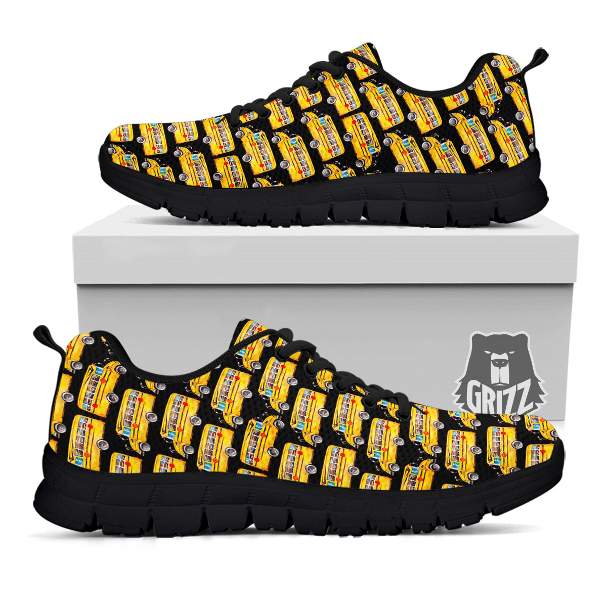 Yellow Bus Print Pattern Black Sneaker-grizzshop