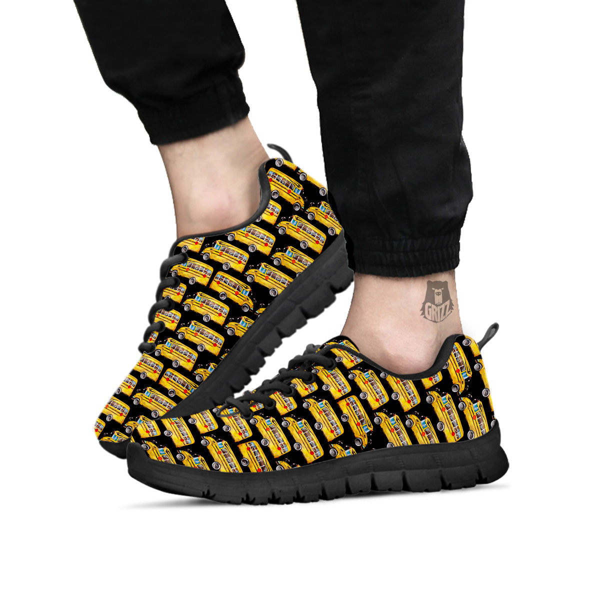 Yellow Bus Print Pattern Black Sneaker-grizzshop