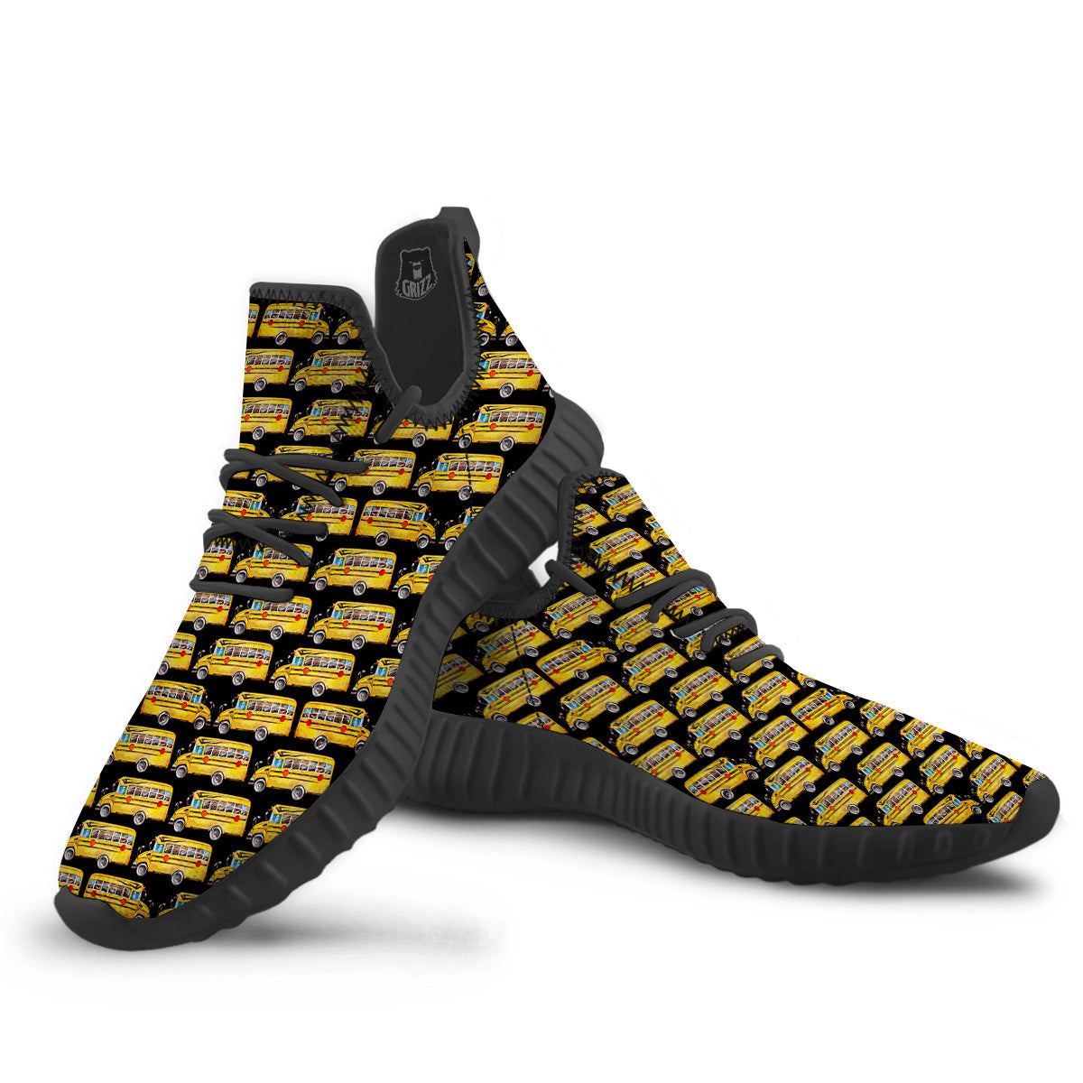 Yellow Bus Print Pattern Black Walking Shoes-grizzshop