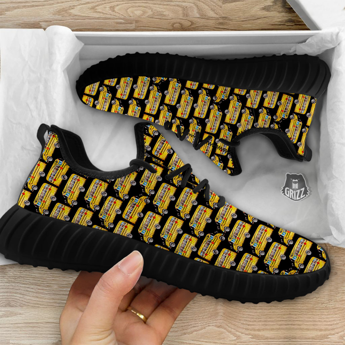 Yellow Bus Print Pattern Black Walking Shoes-grizzshop