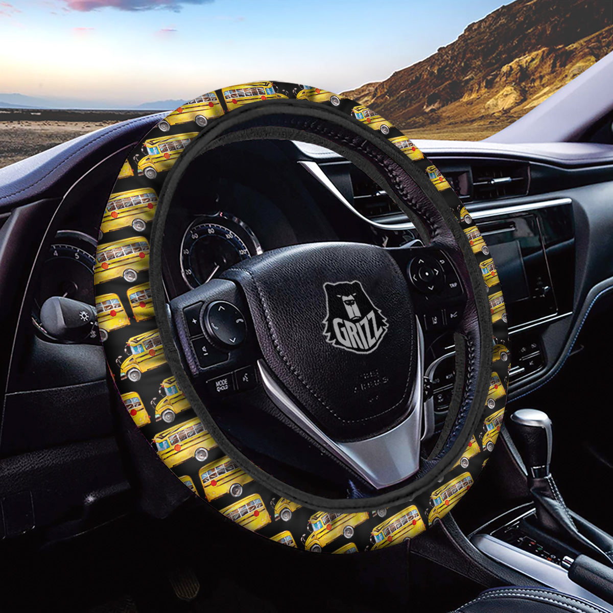 Yellow Bus Print Pattern Car Steering Wheel Cover-grizzshop