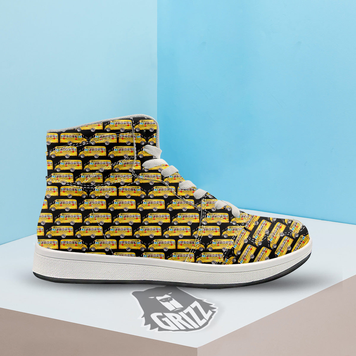 Yellow Bus Print Pattern High Top Sneakers-grizzshop