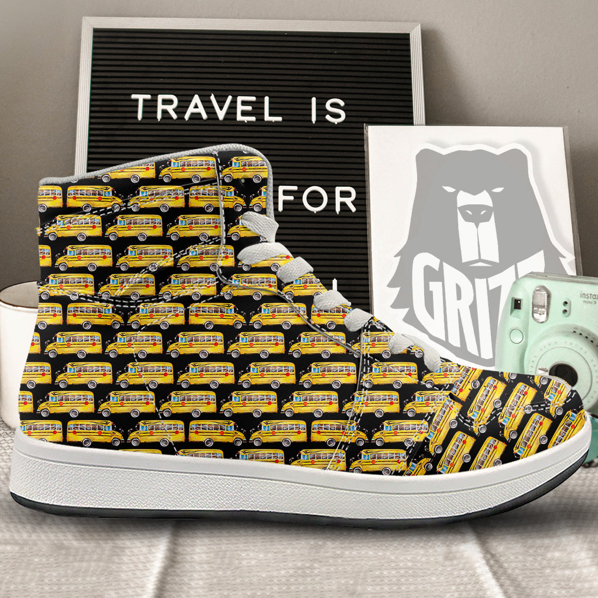 Yellow Bus Print Pattern High Top Sneakers-grizzshop