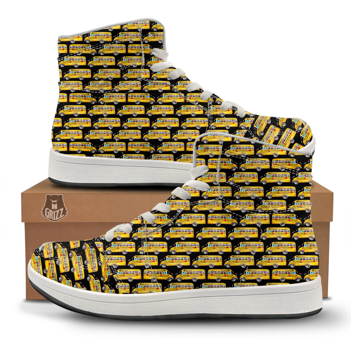Yellow Bus Print Pattern High Top Sneakers-grizzshop