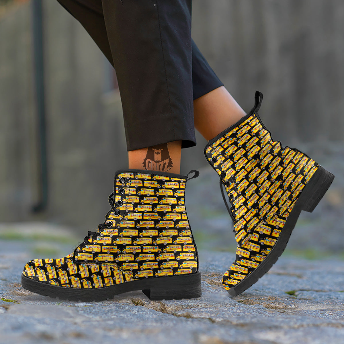 Yellow Bus Print Pattern Leather Boots-grizzshop