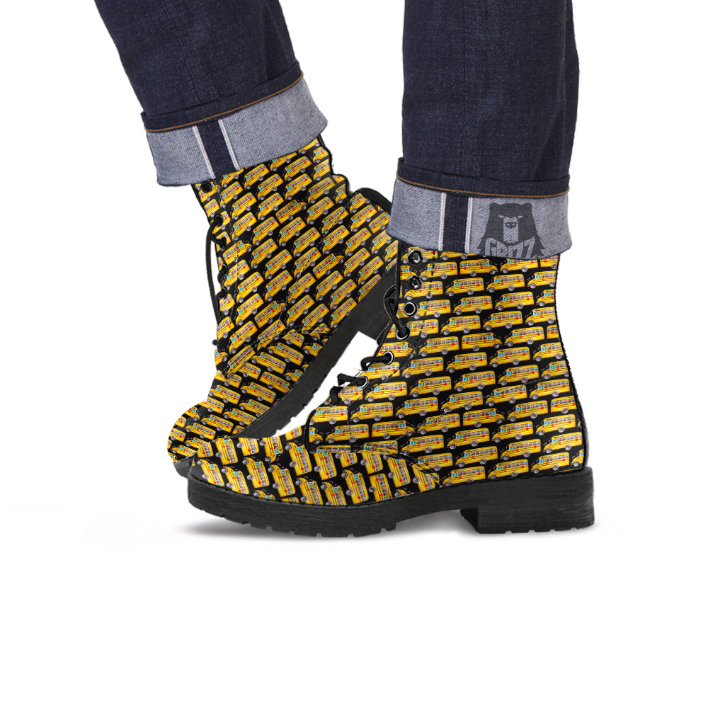 Yellow Bus Print Pattern Leather Boots-grizzshop
