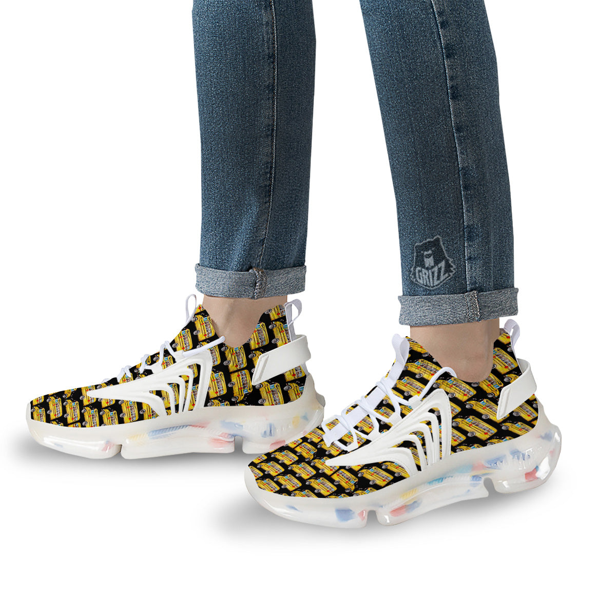 Yellow Bus Print Pattern White Gym Shoes-grizzshop