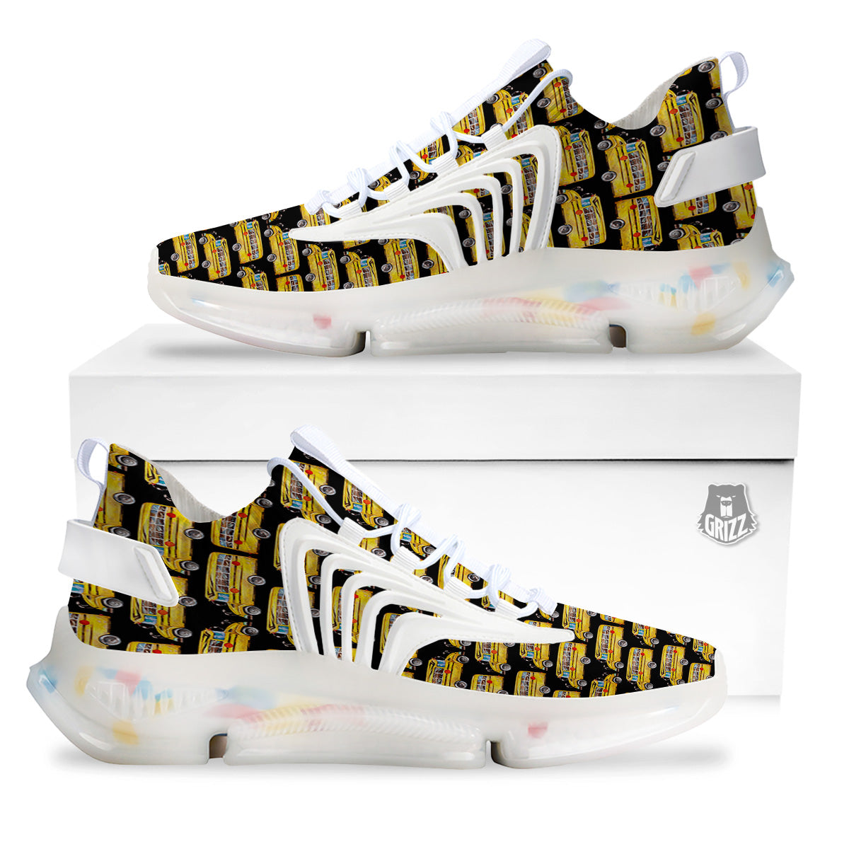 Yellow Bus Print Pattern White Gym Shoes-grizzshop