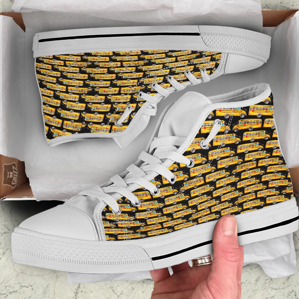 Yellow Bus Print Pattern White High Top Shoes-grizzshop