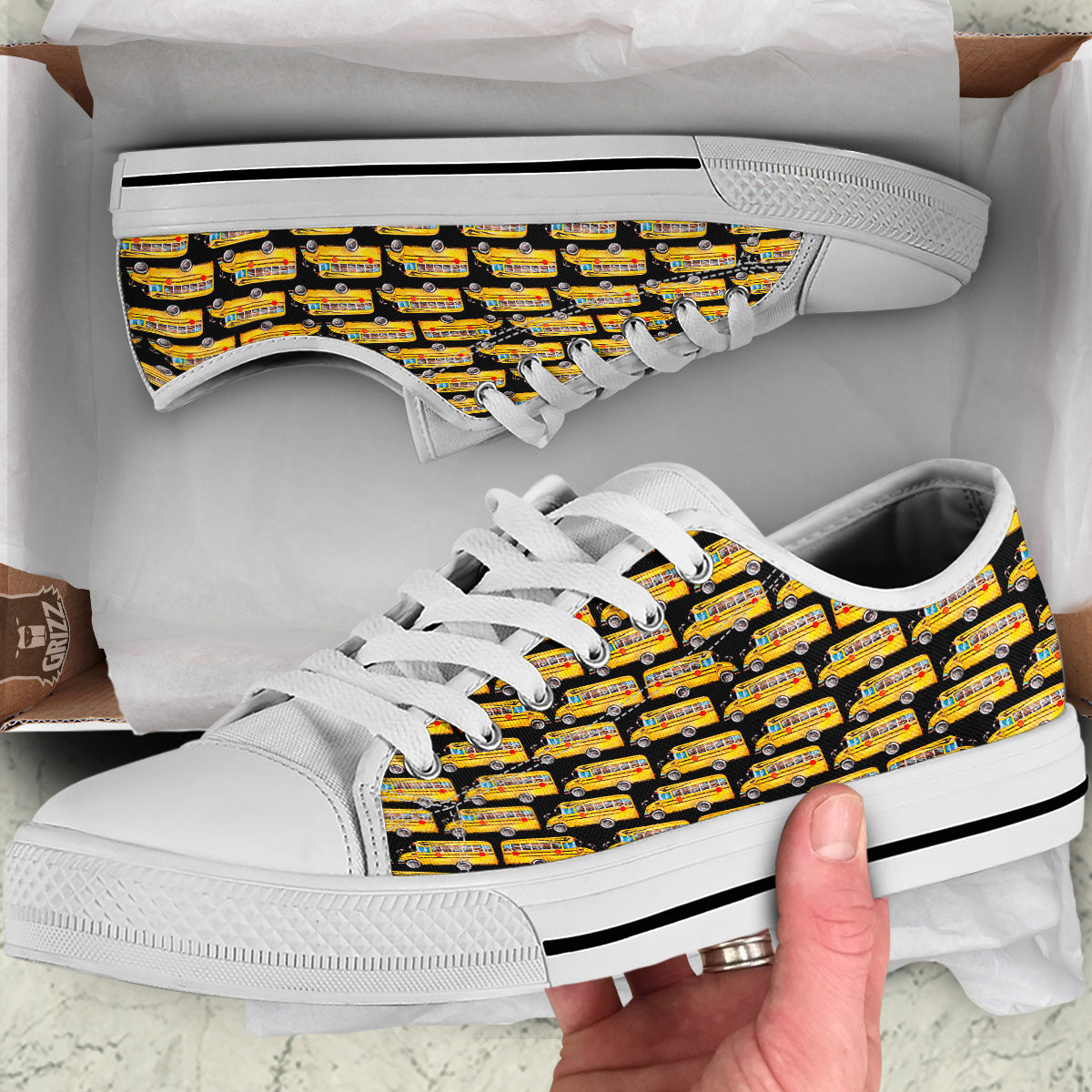 Yellow Bus Print Pattern White Low Top Shoes-grizzshop