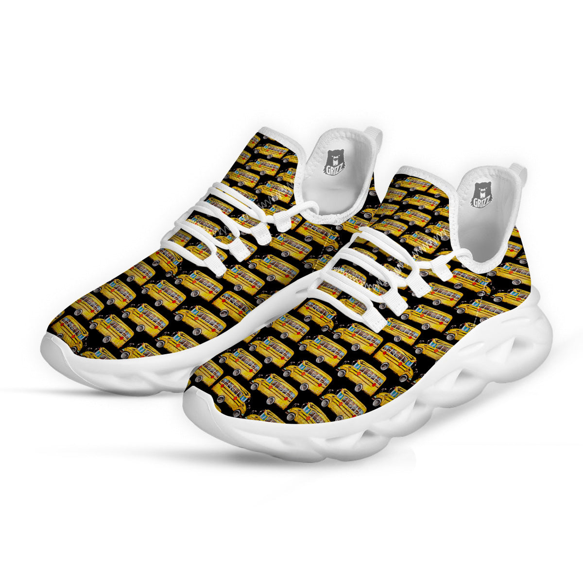 Yellow Bus Print Pattern White Running Shoes-grizzshop