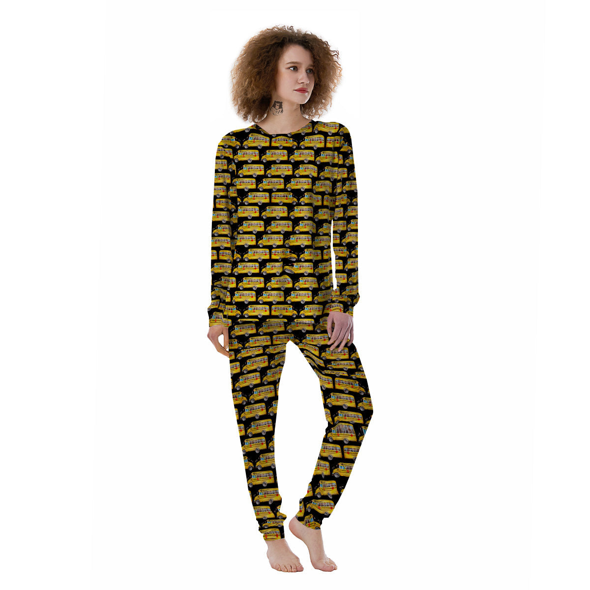 Yellow Bus Print Pattern Women's Pajamas-grizzshop