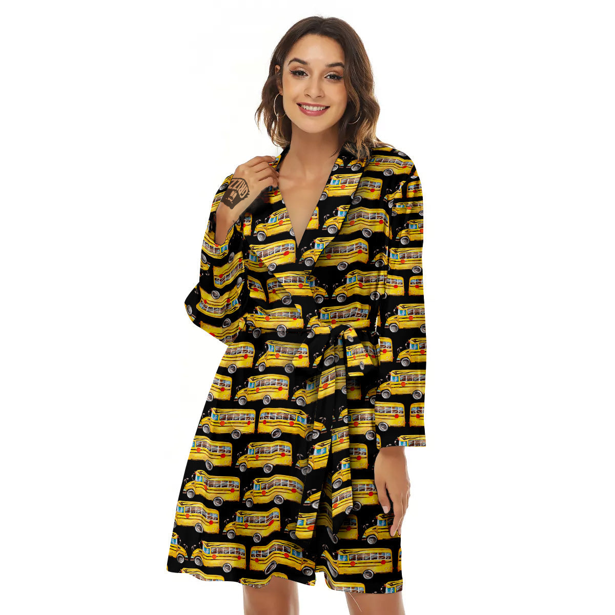 Yellow Bus Print Pattern Women's Robe-grizzshop