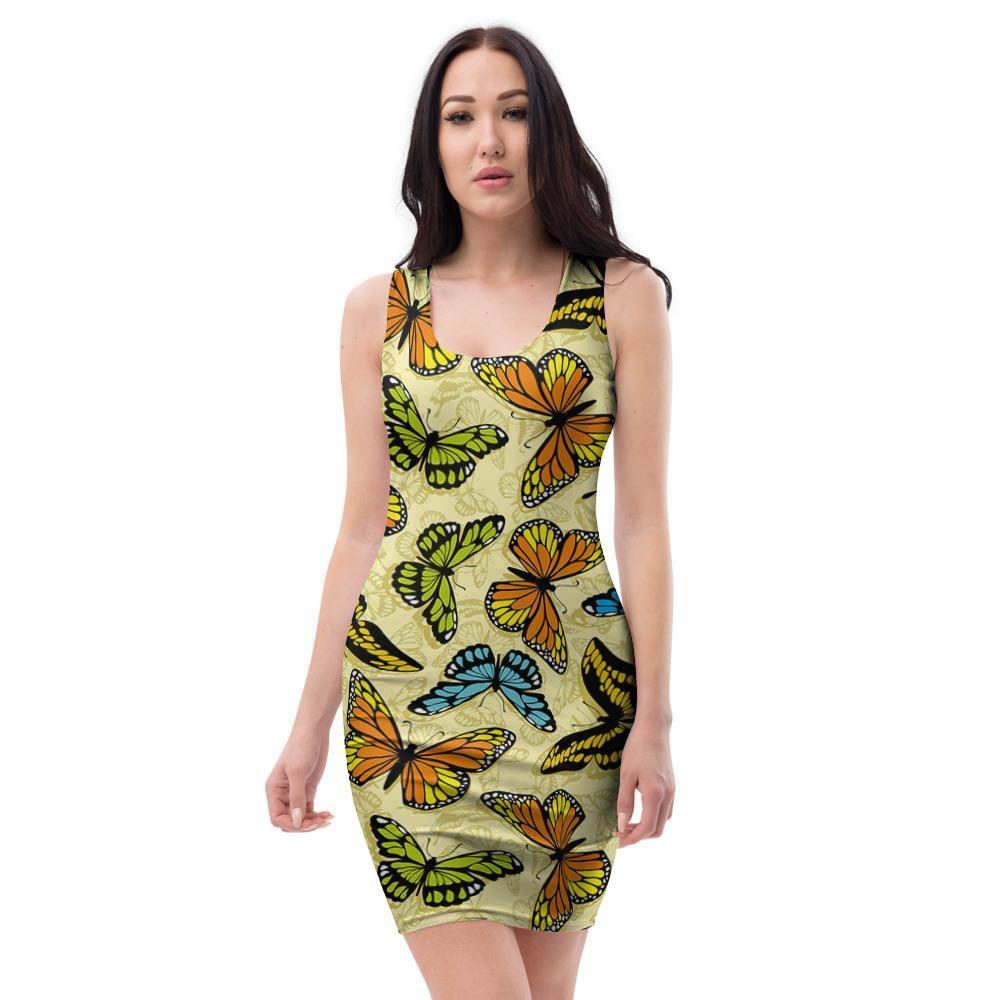 Yellow Butterfly Pattern Print Bodycon Dress-grizzshop