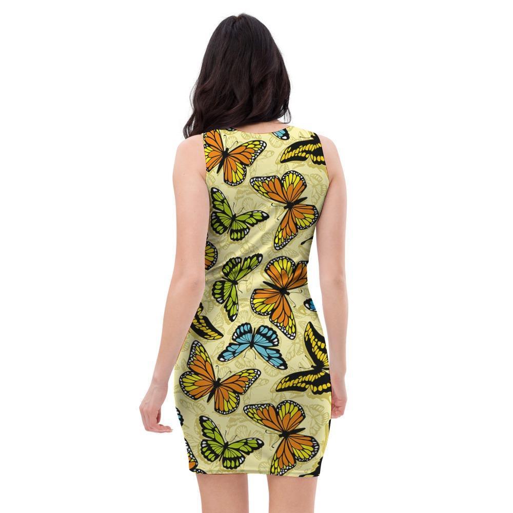 Yellow Butterfly Pattern Print Bodycon Dress-grizzshop