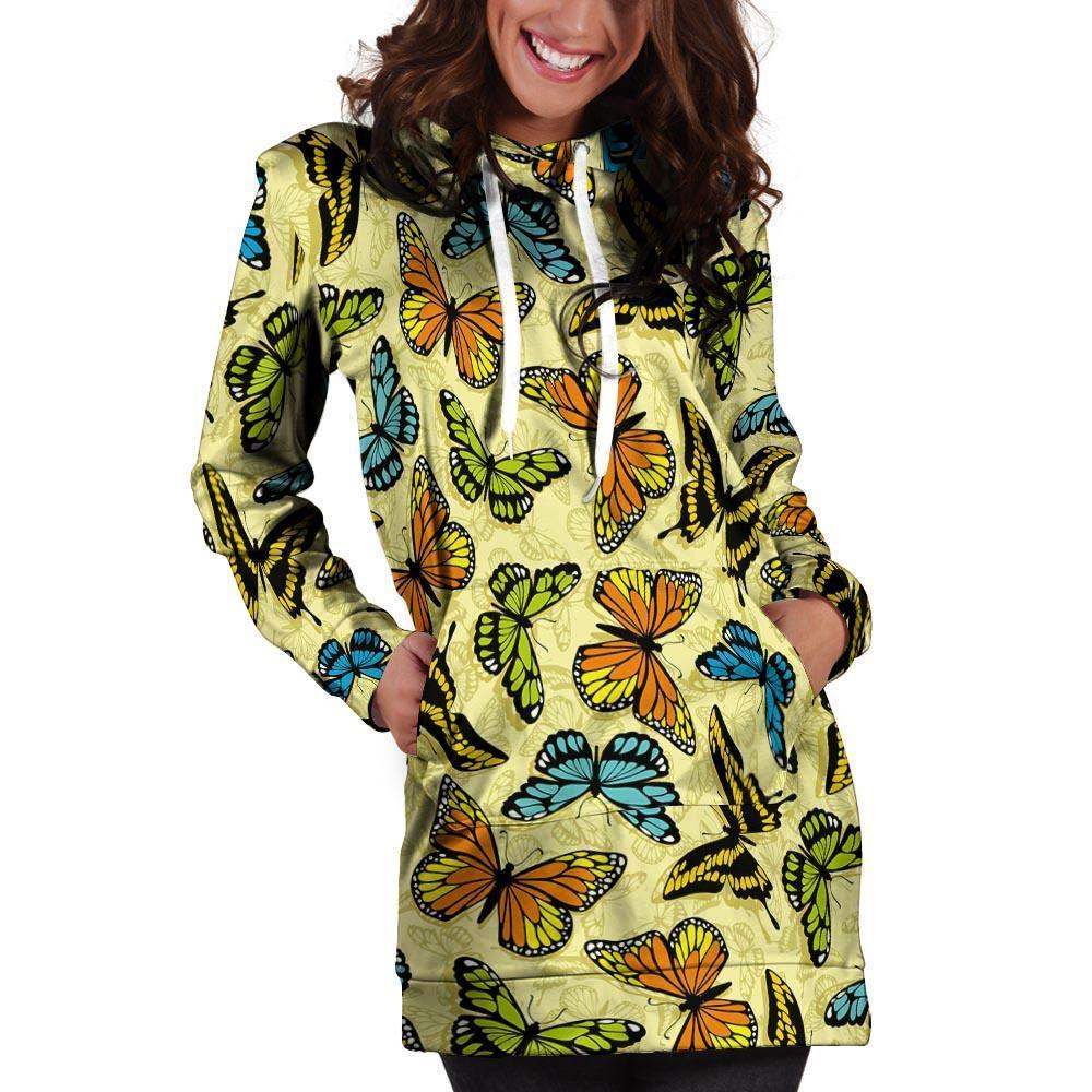 Yellow Butterfly Pattern Print Hoodie Dress-grizzshop