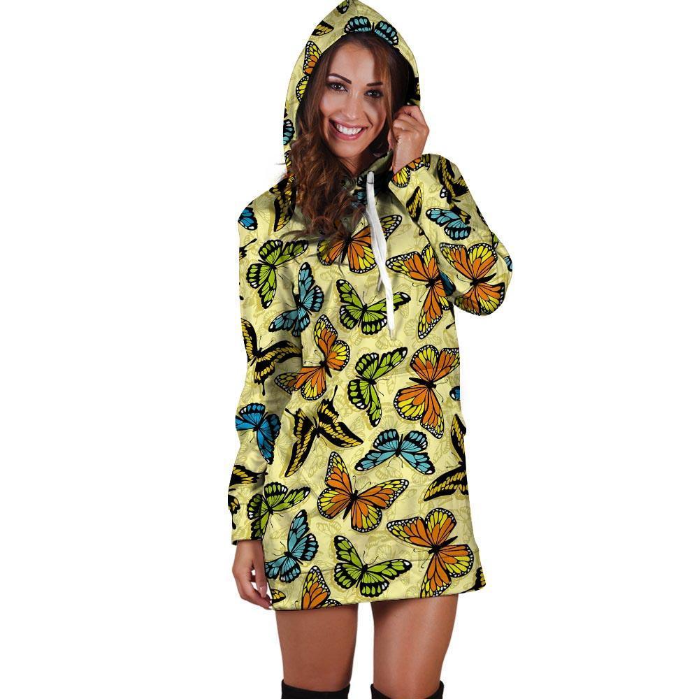 Yellow Butterfly Pattern Print Hoodie Dress-grizzshop