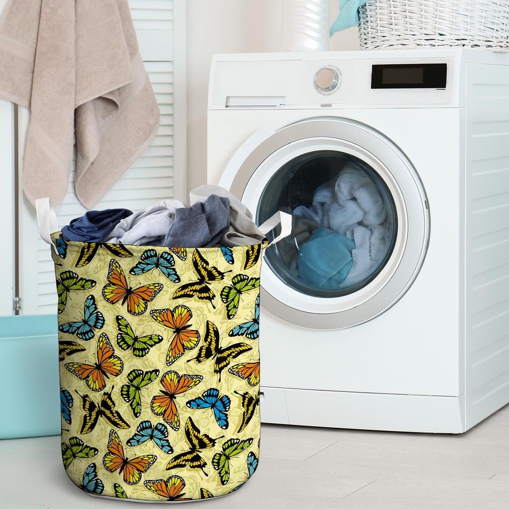 Yellow Butterfly Pattern Print Laundry Basket-grizzshop