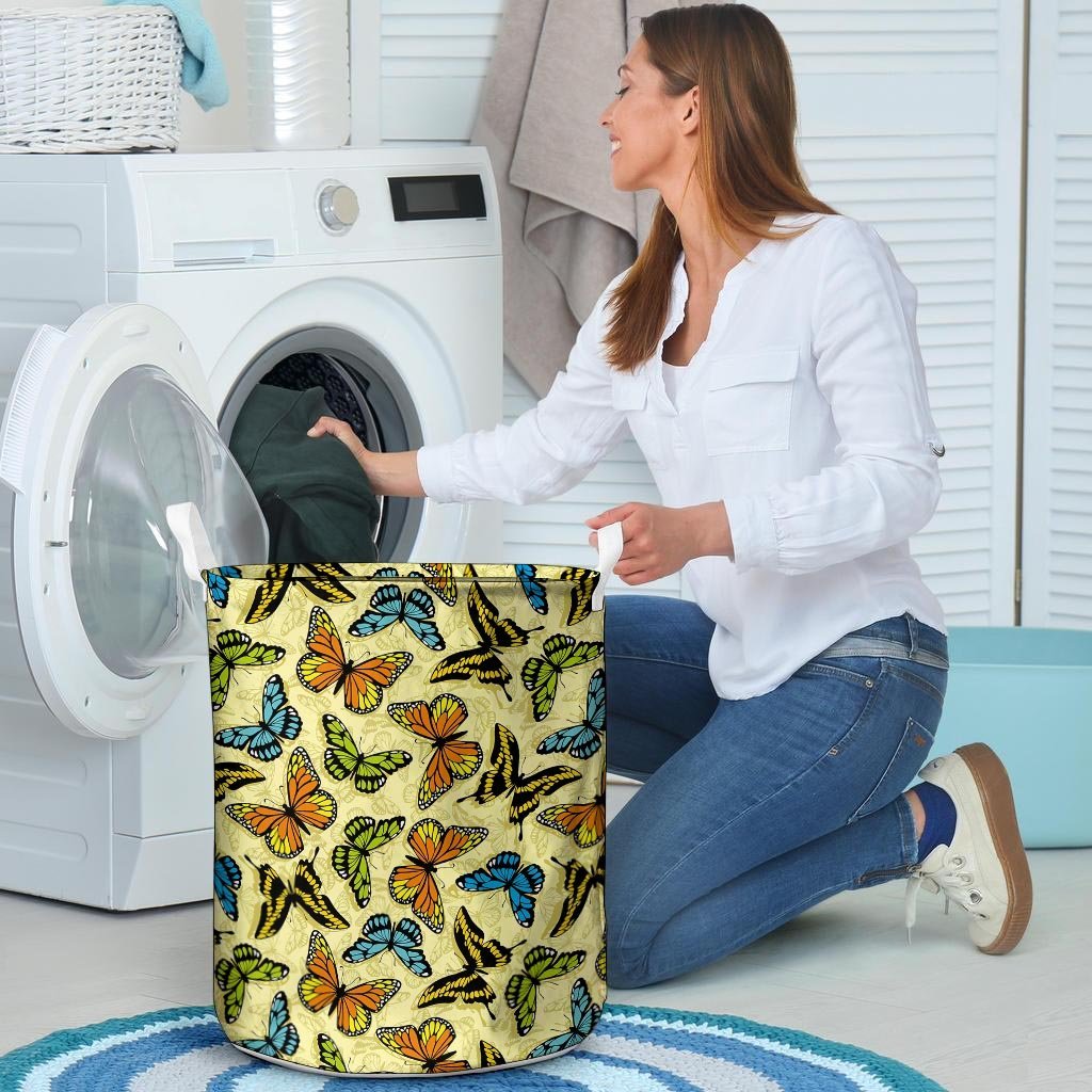 Yellow Butterfly Pattern Print Laundry Basket-grizzshop