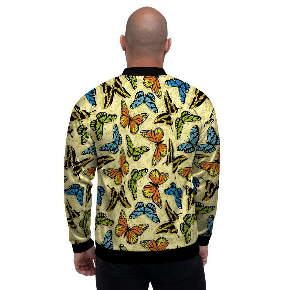 Yellow Butterfly Pattern Print Men's Bomber Jacket-grizzshop