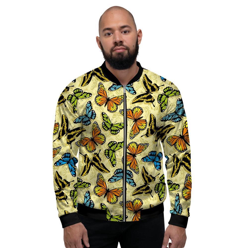 Yellow Butterfly Pattern Print Men's Bomber Jacket-grizzshop