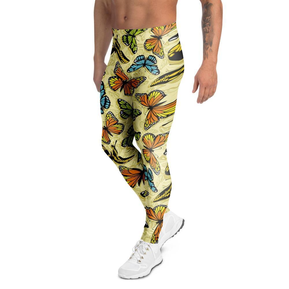 Yellow Butterfly Pattern Print Men's Leggings-grizzshop