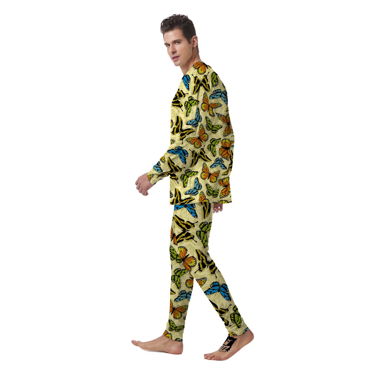 Yellow Butterfly Pattern Print Men's Pajamas-grizzshop