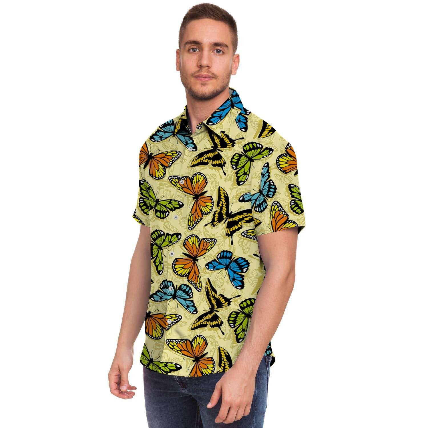 Yellow Butterfly Pattern Print Men's Short Sleeve Shirt-grizzshop