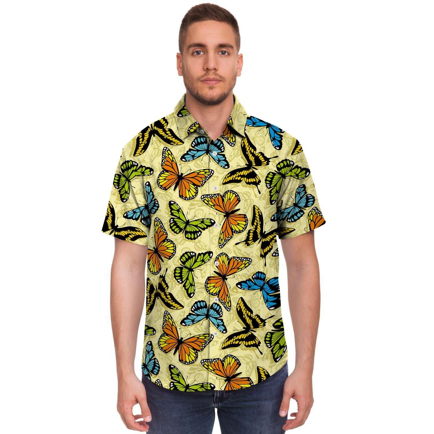 Yellow Butterfly Pattern Print Men's Short Sleeve Shirt-grizzshop